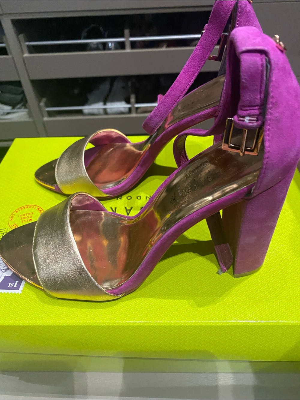 Ted Baker Purple Suede Block Heel Sandals with Gold Strap